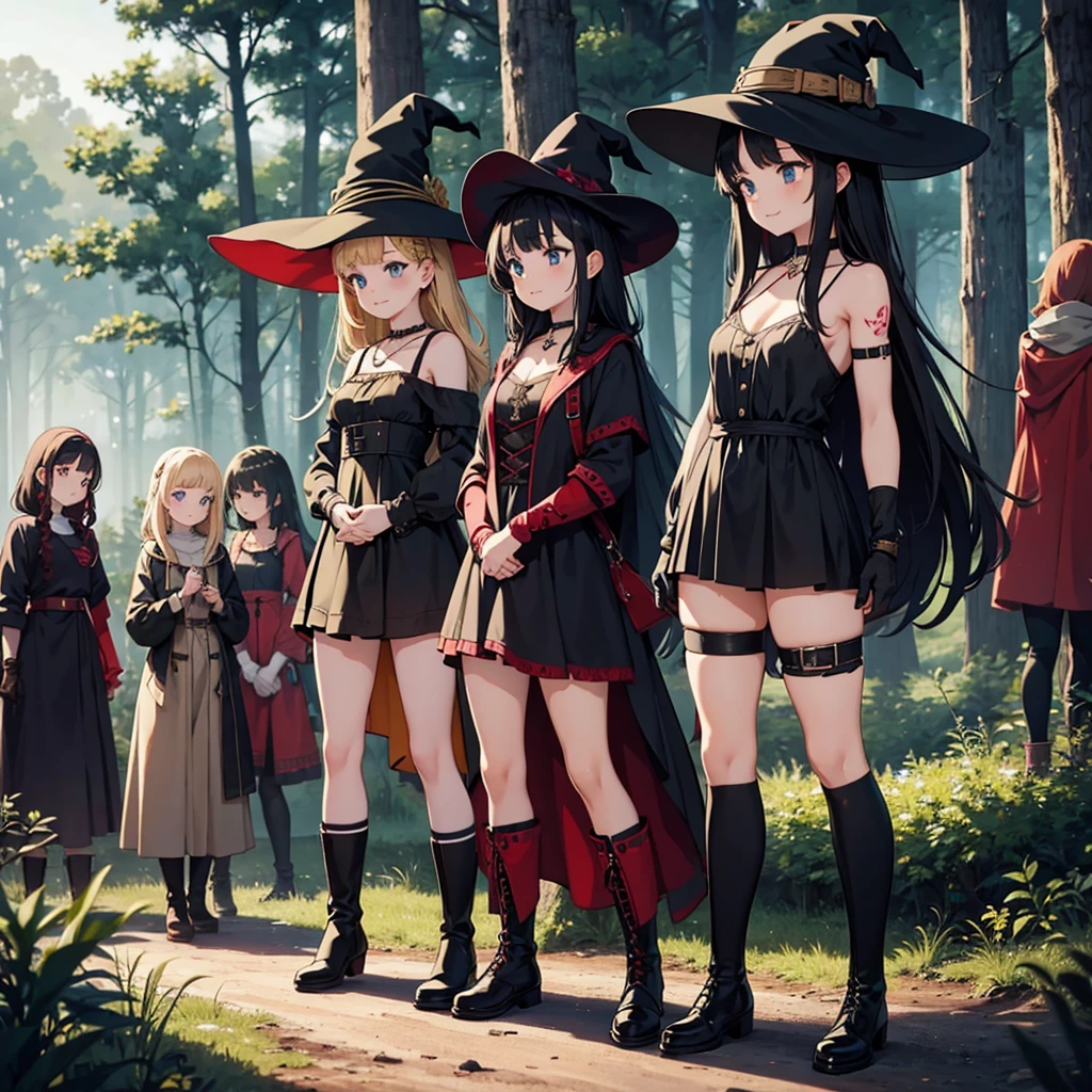 a group of beautiful witch girls in the middle of a forest in the night, tribal tattoo ,multiple girls, five girls,  red and black hair , standing girl young girl, gloves, elbow pads, boots, smiles, witch hat , small breasts, long black dress, necklaces, jewelry decorations , black red hair , red hair , black hair , blonde hair, blue eyes, full body,
