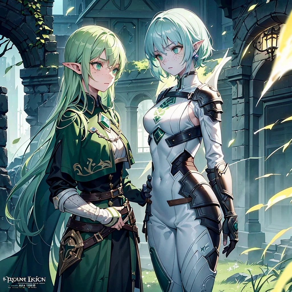 a beautiful young dark elf girl with ashen skin, light green hair and dark green eyes, freckles on her face, stature, holding a small shield in her right hand, excellent medic skilled in poisons and medicines, fantasy, digital art, highly detailed, intricate, cinematic lighting, vibrant colors, 8k, photorealistic, concept art, character design