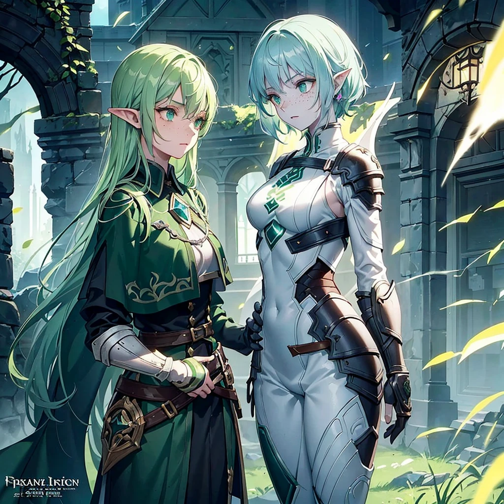 a beautiful young dark elf girl with ashen skin, light green hair and dark green eyes, freckles on her face,  stature, holding a small shield in her right hand, excellent medic skilled in poisons and medicines, fantasy, digital art, highly detailed, intricate, cinematic lighting, vibrant colors, 8k, photorealistic, concept art, character design