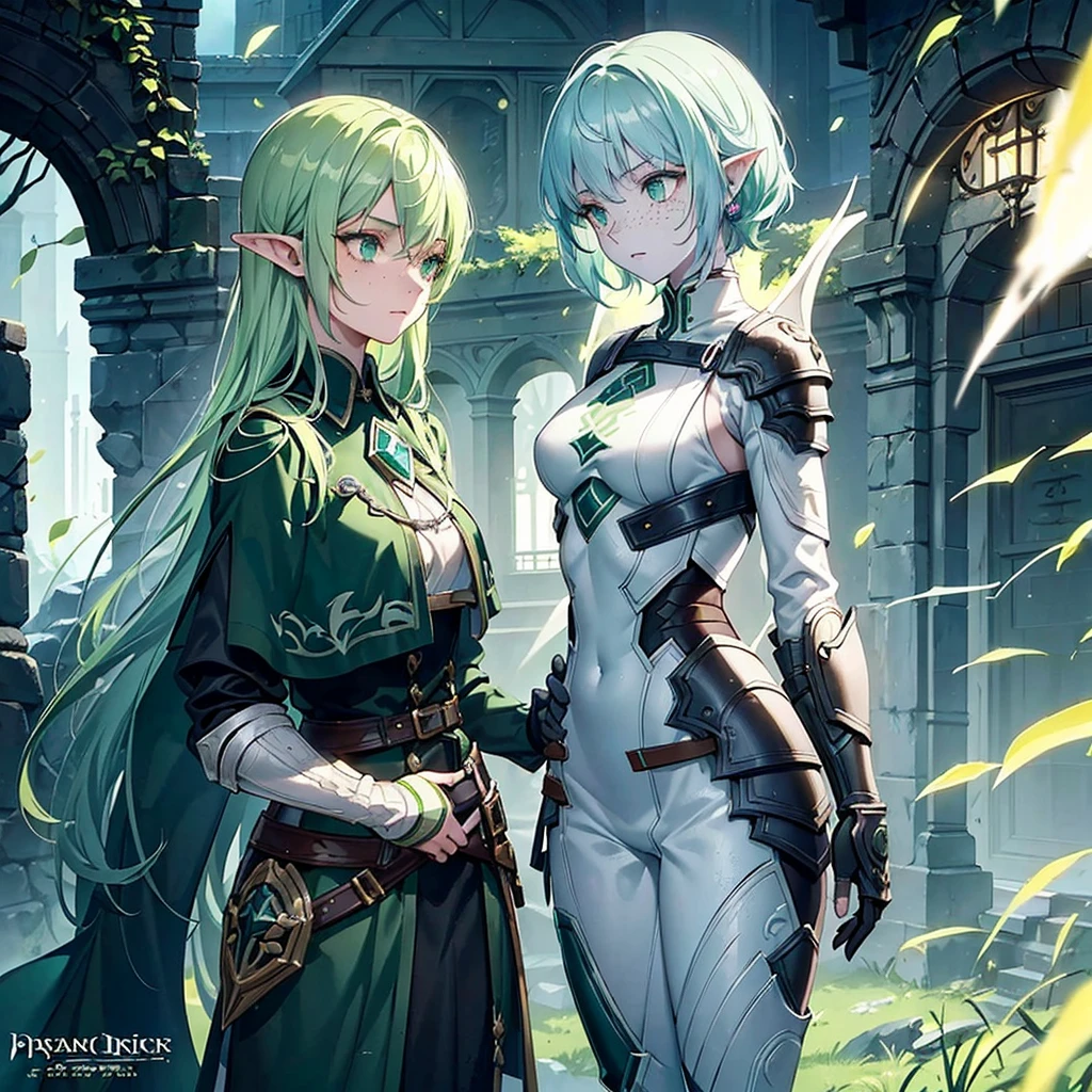 a beautiful young dark elf girl with ashen skin, light green hair and dark green eyes, freckles on her face, stature, holding a small shield in her right hand, excellent medic skilled in poisons and medicines, fantasy, digital art, highly detailed, intricate, cinematic lighting, vibrant colors, 8k, photorealistic, concept art, character design
