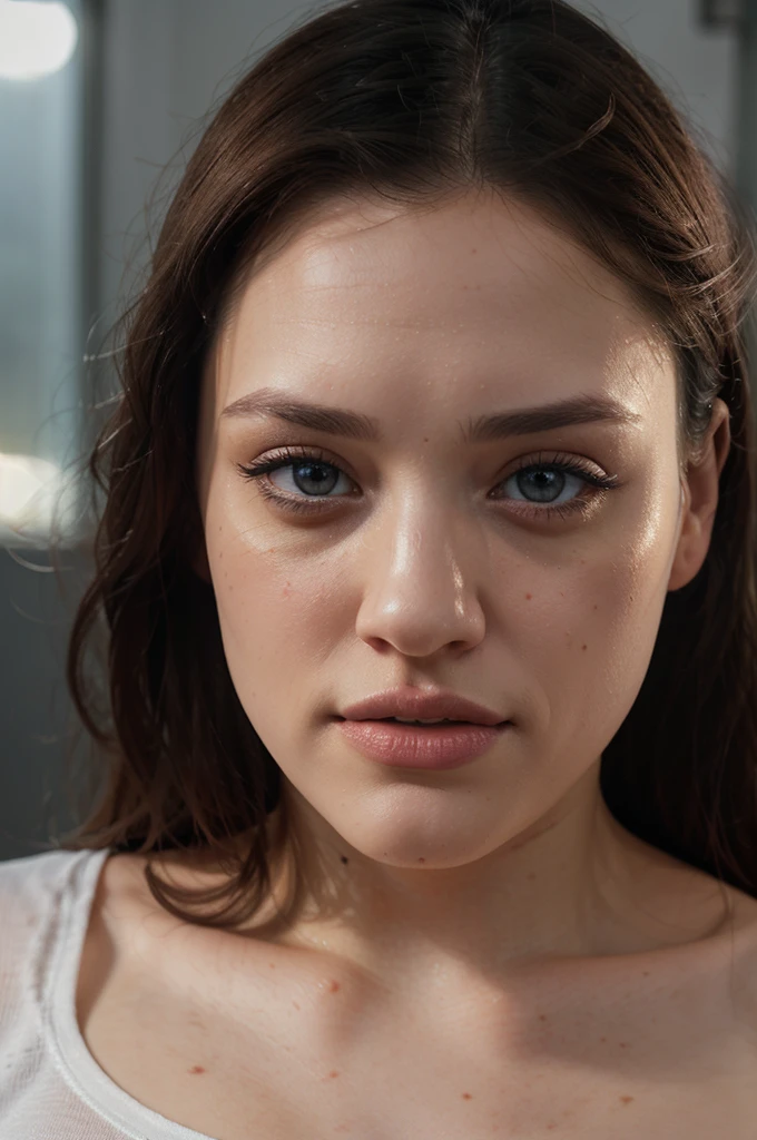 Kat Dennings, white t-shirt, blue short jeans, beautiful detailed eyes, beautiful detailed lips, extremely detailed face and skin, long eyelashes, photorealistic, 8k, high quality, highly detailed, intricate details, realistic lighting, natural skin texture, studio lighting, warm color tones, cinematic lighting, portrait