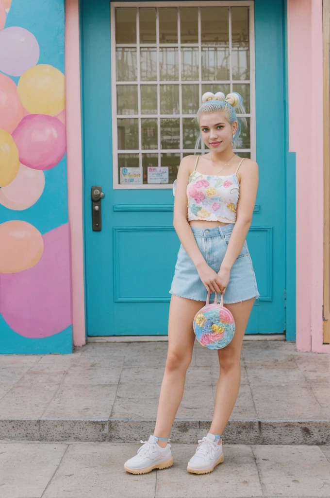 her name is Annie, high quality, 1girl, ((20-year-old fit Caucasian woman)), ((20 years old)), ((fit)), ((Space Buns blonde colored hair)), pose: standing, wearing pastel colored unique g gen Z modern wear, BACKGROUND: From the colorful neighborhoods of Rio de Janeiro, with its iconic beaches, lush rainforests, and vibrant Carnival celebrations