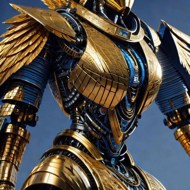 a close up of a robot with a large head and a large body, highly detailed toy, hyperdetailed fantasy character, egyptian cyborg armor, crow in cyber armour, detailed cosmic angelic robot, detailed humanoid, rendered in keyshot, high detail and very sharp, futuristic robot angel, warrior with metal owl armour, saudi futuristic warrior mecha, hyper detailed 3 d render