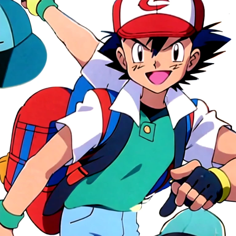 (masterpiece, best quality:1.2),1boy,solo,ash ketchum \(pokemon\),upper body,black eyes,black hair,black shirt,blue vest,black eyes,hat,short sleeves,backpack,smile,looking at viewer,fingerless gloves,spiked hair