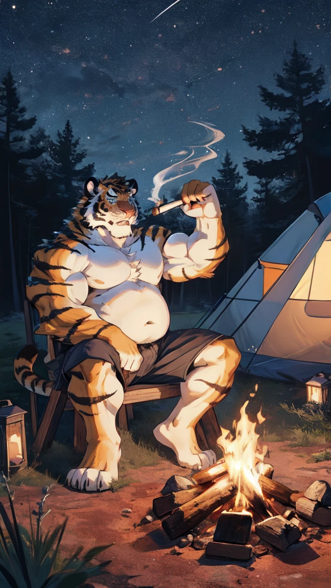 By Taran Fiddler, Bara, One man, furry, tiger, mature male, dilf, older male, muscular, mustache, handsome face, orange and black fur, sitting down, legs spread, naked, nude, masturbating, jerking off, huge cock, veiny cock, good view of cock, outdoors, in forest, sitting against tree trunk, wooded forest background, dark, night time