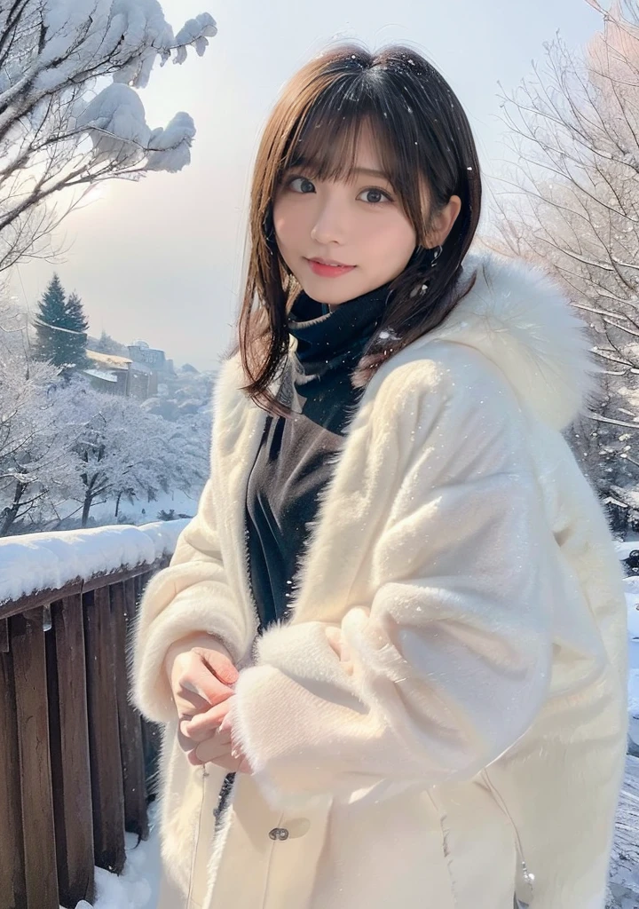 Cuddle a kitten、Photo from the waist up、Night city illumination shot、Cowgirl Shot、Fur coat、豪華なグレーのミンクのFur coat、Wear good leather boots、Luxury Bags、Inner turtleneck、Silver necklace and small silver earrings、 Millionaire Style:1.4））、Full body photo、smile、 Caustics、Highly detailed photos、Very beautiful woman 、Ample breasts、No makeup、(8K、RAW Photos、Highest quality、masterpiece:1.2)、(Realistic、Realistic)、1 Girl、((Medium Short Hair、Midwinter、Cold region Snow falling、The wind is blowing、Fluttering Hair、Blur the background、Colorful illuminations、Looking into the camera:1.4))、
