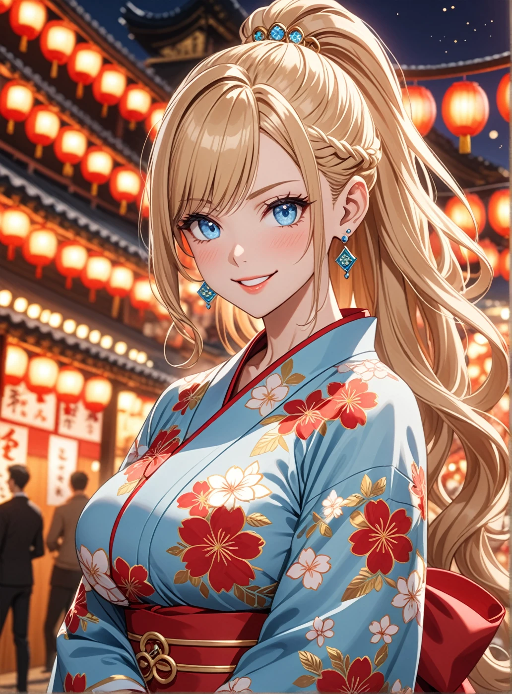 ((one girl)), Beautiful Face, (Laugh shyly), ((smirk:1.3)), ((Wink:1.4)), (Tilt your head:1.3), (Upper teeth), View your viewers, ((Bright red cheeks:1.6)),Glossy Red Lips, ((Big Breasts:1.4)) night, Shrine festival stalls, (Shining Face), ((Anime style background)),masterpiece, Highest quality, so beautiful,Latest, Complex details, (Pink long nails), (nail art), (ring),(bracelet), (ring helix piercing:1.7), (Floral Choker),AI-generated, Complex,High resolution, Highest quality, super high quality,3D Images、3D Images,One person,Blonde long hair,(High Ponytail), (Wavy Hair), Anime woman posing for a photo, ((Fine grain、blue eyes、Shining Eyes:1.4)), (Squint your eyes:1.1),a hyperRealistic , hyperRealistic , Realistic,Long blonde anime woman, Smooth anime CG art, Pink large floral patternの刺繍が入った、Woman in luxurious kimono, ((White long-sleeved kimono)),(Pink large floral pattern) ,Long flower hair ornament,Floral Earrings,Mature Body, expensive,Abdominal muscles,Tight waist,(Zoom in on face:1.5), (front view),