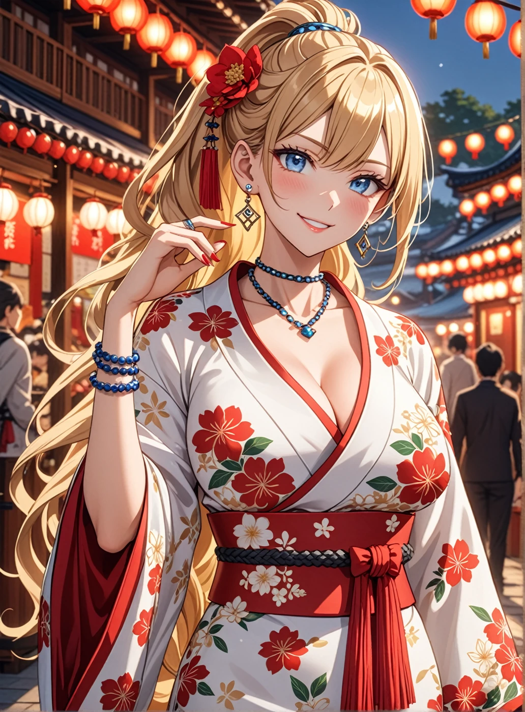 ((one girl)), Beautiful Face, (Laugh shyly), ((smirk:1.3)), ((Wink:1.4)), (Tilt your head:1.3), (Upper teeth), View your viewers, ((Bright red cheeks:1.6)),Glossy Red Lips, ((Big Breasts:1.4)) night, Shrine festival stalls, (Shining Face), ((Anime style background)),masterpiece, Highest quality, so beautiful,Latest, Complex details, (Pink long nails), (nail art), (ring),(bracelet), (ring helix piercing:1.7), (Floral Choker),AI-generated, Complex,High resolution, Highest quality, super high quality,3D Images、3D Images,One person,Blonde long hair,(High Ponytail), (Wavy Hair), Anime woman posing for a photo, ((Fine grain、blue eyes、Shining Eyes:1.4)), (Squint your eyes:1.1),a hyperRealistic , hyperRealistic , Realistic,Long blonde anime woman, Smooth anime CG art, Pink large floral patternの刺繍が入った、Woman in luxurious kimono, ((White long-sleeved kimono)),(Pink large floral pattern) ,Long flower hair ornament,Floral Earrings,Mature Body, expensive,Abdominal muscles,Tight waist,(Zoom in on face:1.5), (front view),