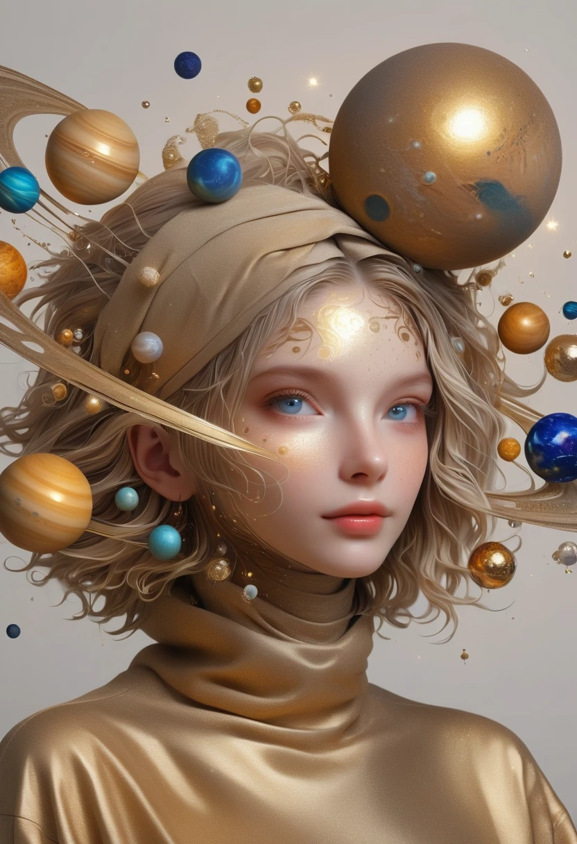 a highly detailed and intricate 3D portrait of a person, golden color, surrounded by many orbiting planets with complex planetary decorations, studio lighting, white background，Simple and clean，Light and Shadow，