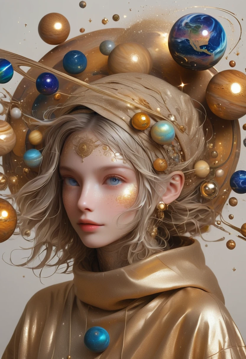 a highly detailed and intricate 3D portrait of a person, golden color, surrounded by many orbiting planets with complex planetary decorations, studio lighting, white background，Simple and clean，Light and Shadow，