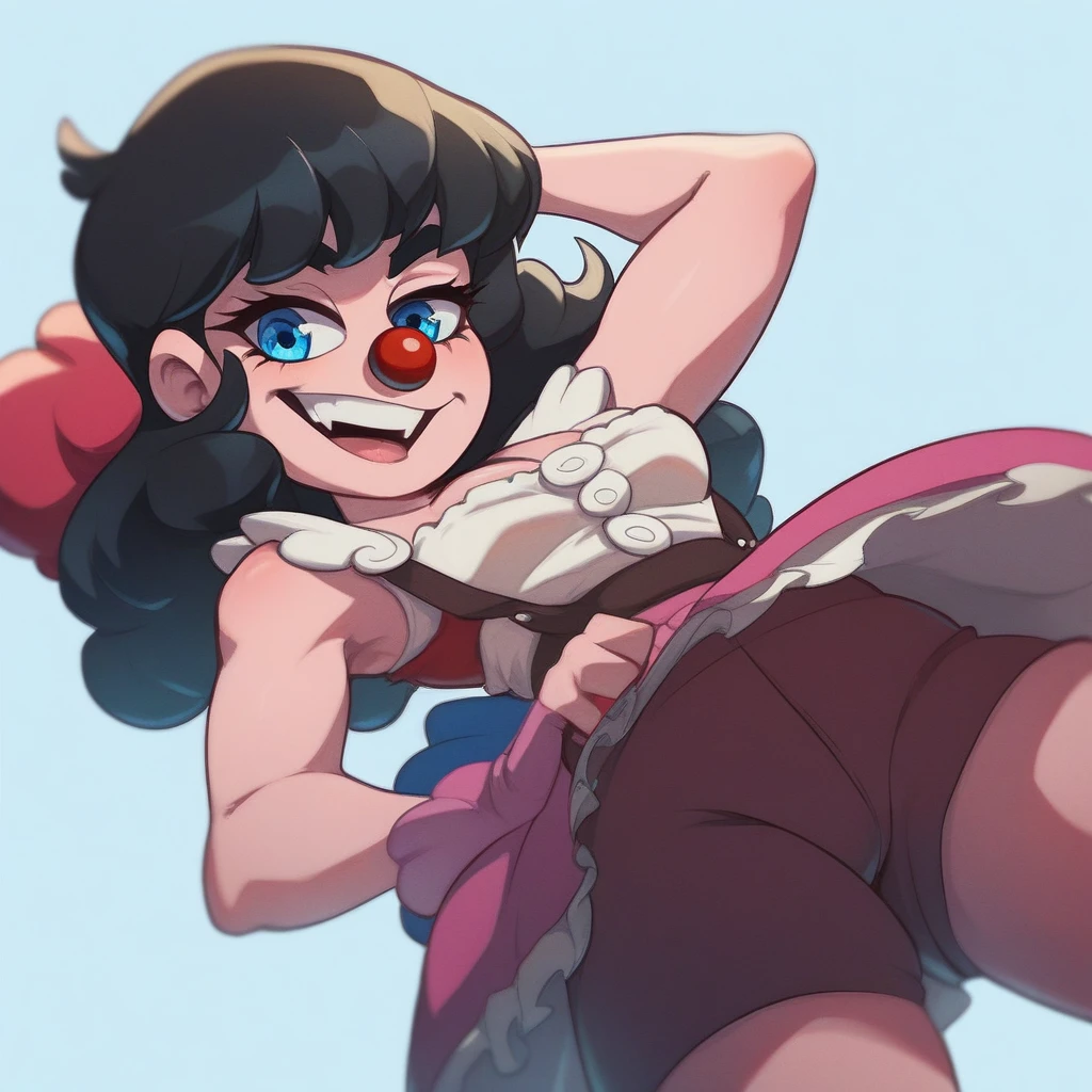 Ralph Bakshi Style, Curvy blue eyed girl with long wavy black hair and small breasts, clown-girl, (cruel_expression):5.0, (sexually_lewd):4.0, queefing