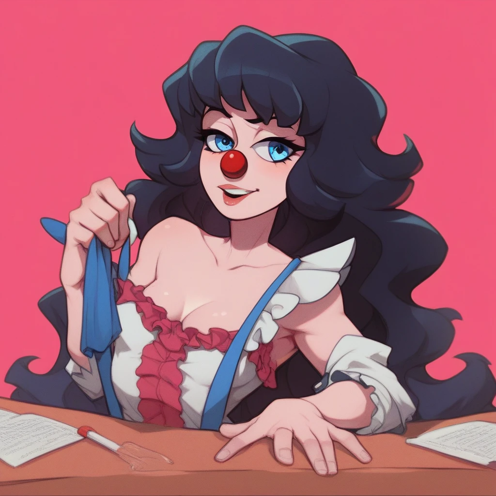 Ralph Bakshi Style, Curvy blue eyed girl with long wavy black hair and small breasts, clown-girl, (cruel_expression):5.0, (sexually_lewd):4.0, queefing