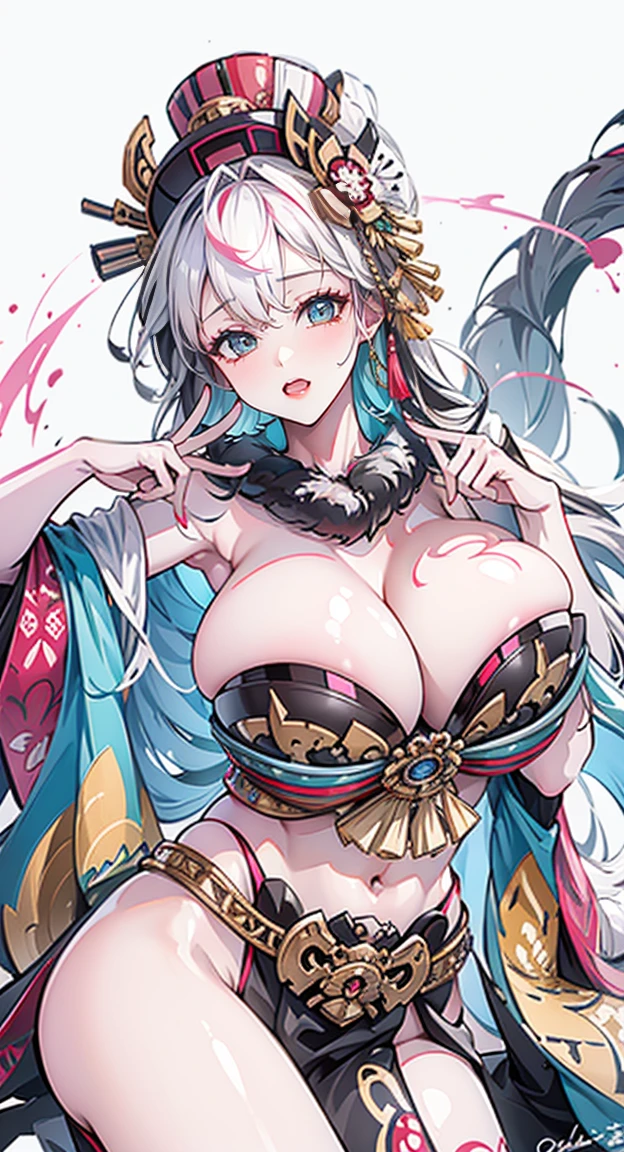 Professional drawing with colored pencils. Oiran, With a strange expression on his face and a large knife in his hand.... Japanese and European style. nuanced color, Contrasting colors. Some graffiti and vector art styles. ((best quality)),Navel expulsion,((I divided it into two colors..,The fur on the left side is white..,The hair on the right side is black..)) ,(Japanese clothes:1.2,(big breasts),seductive pose
