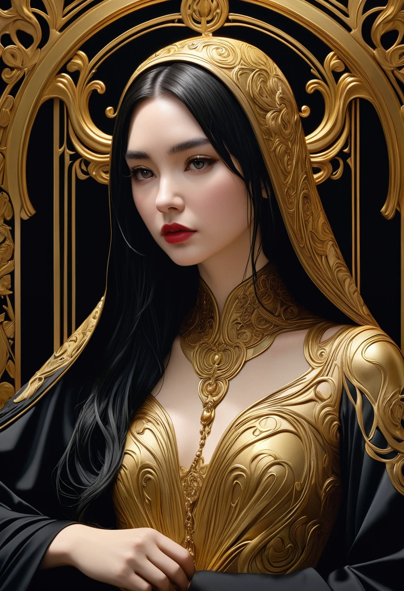 Surrealism, beautiful, Photo-realistic, detailed, Art Nouveau, like alex garland (Alex Garland) Such a girl, Dressed in gold and black robes,There is calligraphy on it, ultra detailed, Reality, highly detailed, Movie, 8K——ar9:16