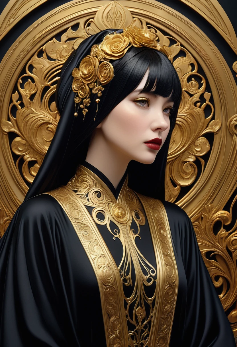 Surrealism, beautiful, Photo-realistic, detailed, Art Nouveau, like alex garland (Alex Garland) Such a girl, Dressed in gold and black robes,There is calligraphy on it, ultra detailed, Reality, highly detailed, Movie, 8K——ar9:16