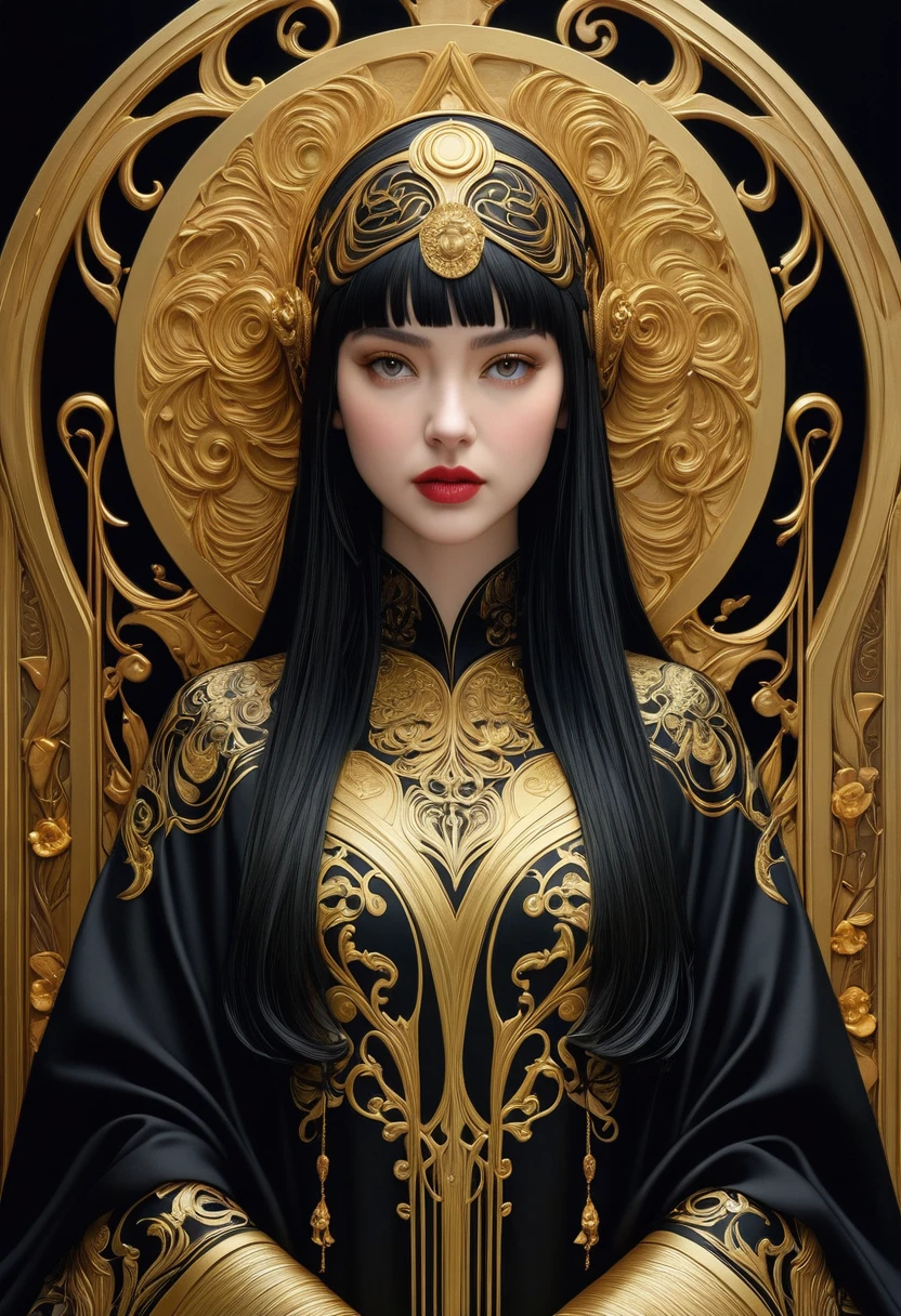 Surrealism, beautiful, Photo-realistic, detailed, Art Nouveau, like alex garland (Alex Garland) Such a girl, Dressed in gold and black robes,There is calligraphy on it, ultra detailed, Reality, highly detailed, Movie, 8K——ar9:16