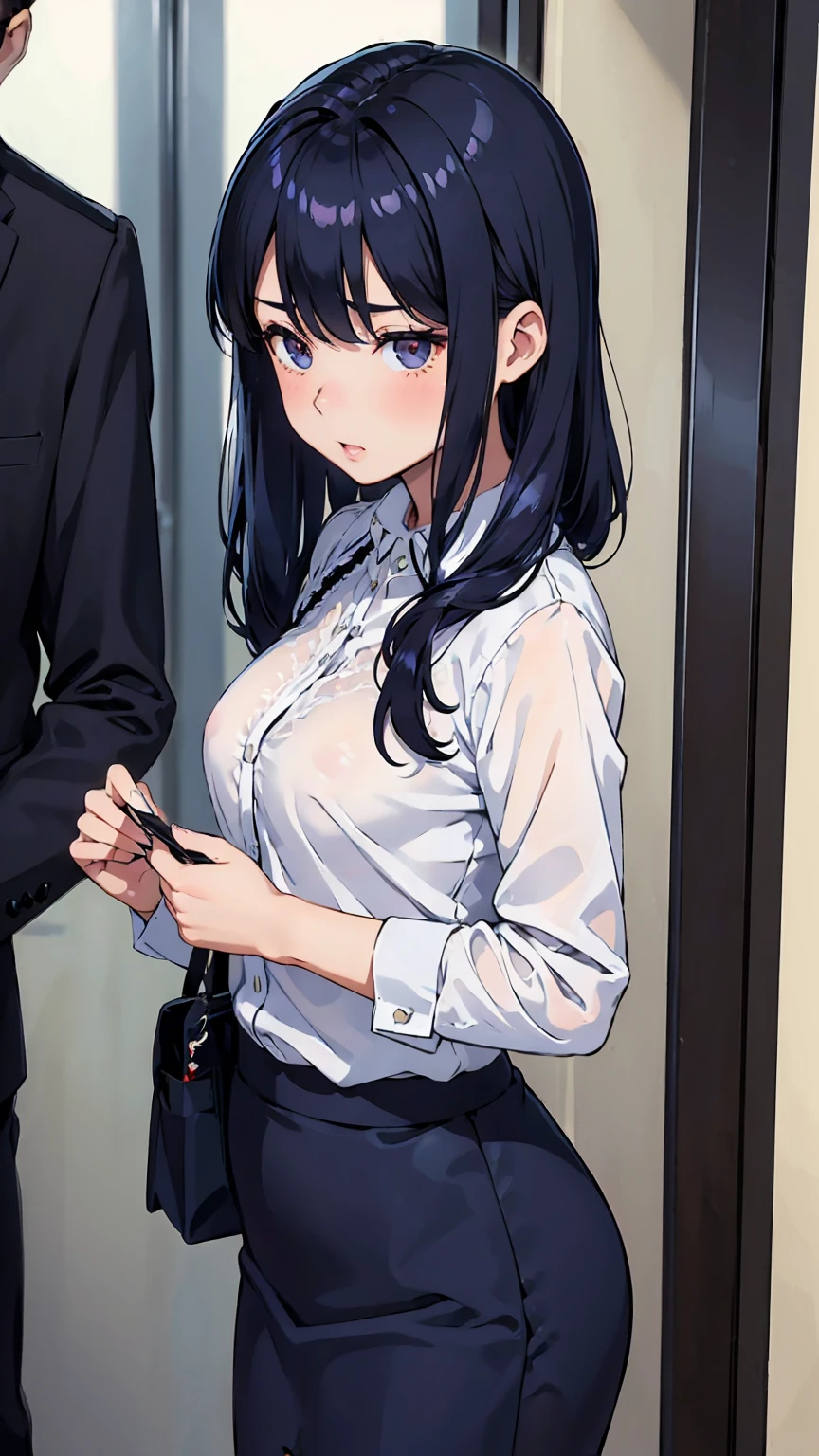 panties、A woman wearing navy blue office lady clothes's outfit with a red ribbon is standing on a train as a young man in a suit fondles her breasts over her good., (Capturing the subjective mind,POV hands,Grab your chest:1.3)、Dorsal position, Exact number of hands, with the good on, show off good, skirt,Sit with your legs apart、 good, panties, underwear, (shiny white satin レースpanties with black embroidery:1.3), (shiny white satin lacy good with black embroidery :1.3), panties that cover the butt、garter belt, Knee socks, Embarrassed look, Feels good, I stopped using the toilet, skirt lift, Remember, Realistic