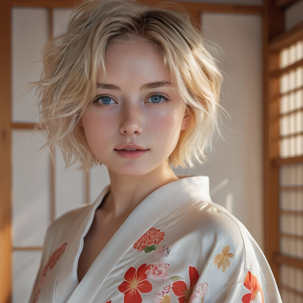 1girl in, age22, Solo, short blond hair, looking at the camera, o-face, translucent white fairly skin, blonde hair, full body, (extremely detailed 8k wallpaper), soft lighting, high quality, film grain, Fujifilm XT3 sharp focus, f 5.6, 50mm, High Detail, Sharp focus, (natural light), (seductive), revealing, realistic, sexy, ((Detail eye)), ((Eye: 1.2), ((Kimono)), (breast: 1.2)