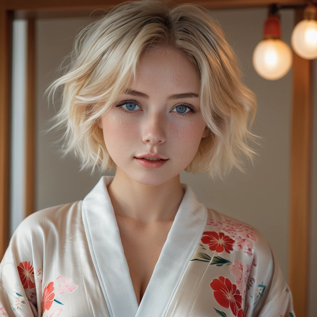 1girl in, age22, Solo, short blond hair, looking at the camera, o-face, translucent white fairly skin, blonde hair, full body, (extremely detailed 8k wallpaper), soft lighting, high quality, film grain, Fujifilm XT3 sharp focus, f 5.6, 50mm, High Detail, Sharp focus, (natural light), (seductive), revealing, realistic, sexy, ((Detail eye)), ((Eye: 1.2), ((Kimono)), (breast: 1.2)
