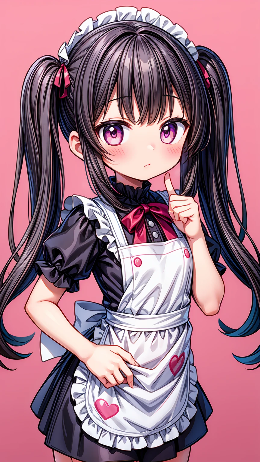 (8K, Highest image quality, highest quality, masterpiece), detailed face, ((loli)), ((girl)), (little curve), black hair, short twintails, pink eyes, ((very small bust)), (flat bust), (naked apron), cowboy shot, put your hand on your mouth, kitchen background, ((very blushing)), ((detailed hands and fingers)), viewer perspective from below, (blush)
