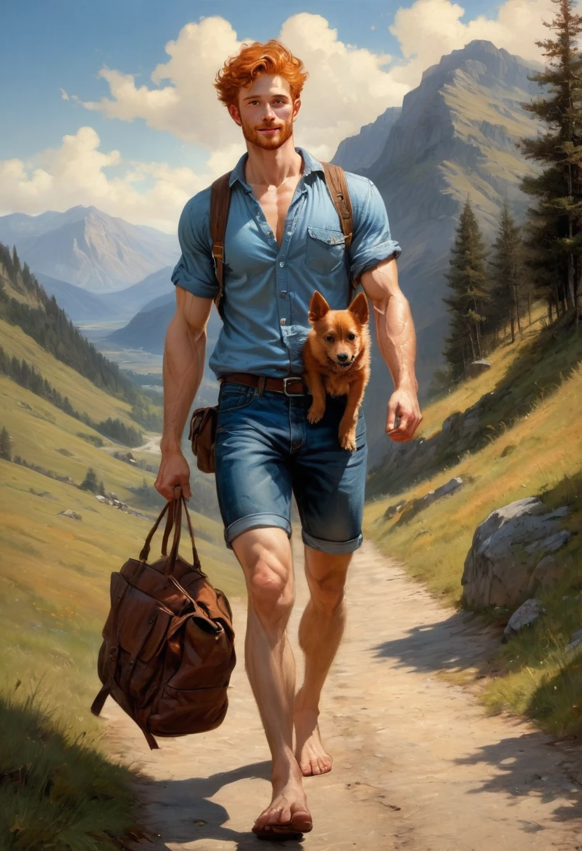 1 man walking on a mountain rural pathway  wearing lumberjack shirt, blue jeans, brown bots, blue indigo back bag, blue cap, smiling , by Aaron Horkey and Jeremy Mann, masterpiece, best quality, Photorealistic, ultra-high resolution, photographic light, illustration by MSchiffer, fairytale, Hyper detailed 
A mixture of photography and painting, Composition of Perfect Divine Proportione, 8k resolution fullbody image,(( view from the front)) full body, oil painting 
A young man, white skin, ginger, barbed, hairy body, thin face, straight nose, thin lips, square chin, large light blue eyes, short red wavy hair, in roberto ferri style, aesthetic slim athletic body, ginger realistic skin, gorgeous, detailed tonned muscles, barefoot, perfect anatomy, muscled fitness body, in caravagio+rubens+rembrant art style. Young man, perfect anatomy, , energetic splendid, Barefoot, naked, small flacid penis, slim and detailed muscles, shirtless, pantless, fullbody, 
 the composition of shadows and lights give an atmosphere of spaciousness,
he is walking on a mountain rural pathway  wearing lumberjack shirt, blue jeans, brown bots, blue indigo back bag, blue cap, smiling natural lighting, 
in the backgrund, moutains, clouds, sunrice a small brown dog
