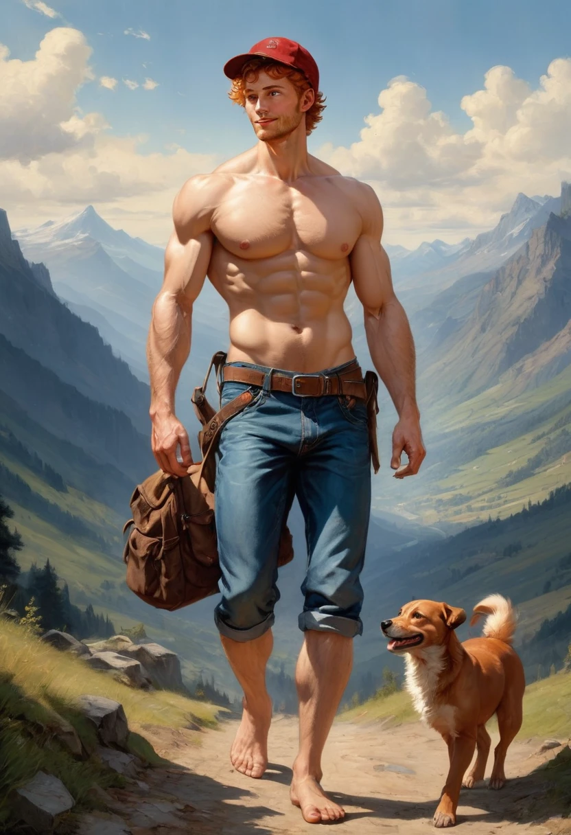 1 man walking on a mountain rural pathway wearing lumberjack shirt, blue jeans, brown bots, blue indigo back bag, blue cap, smiling , by Aaron Horkey and Jeremy Mann, masterpiece, best quality, Photorealistic, ultra-high resolution, photographic light, illustration by MSchiffer, fairytale, Hyper detailed
A mixture of photography and painting, Composition of Perfect Divine Proportione, 8k resolution fullbody image,(( view from the front)) full body, oil painting
A young man, white skin, ginger, barbed, hairy body, thin face, straight nose, thin lips, square chin, large light blue eyes, short red wavy hair, in roberto ferri style, aesthetic slim athletic body, ginger realistic skin, gorgeous, detailed tonned muscles, barefoot, perfect anatomy, muscled fitness body, in caravagio+rubens+rembrant art style. Young man, perfect anatomy, , energetic splendid, Barefoot, naked, small flacid penis, slim and detailed muscles, shirtless, pantless, fullbody,
the composition of shadows and lights give an atmosphere of spaciousness,
he is walking on a mountain rural pathway wearing lumberjack shirt, blue jeans, brown bots, blue indigo back bag, blue cap, smiling natural lighting,
in the backgrund, moutains, clouds, sunrice a small brown dog