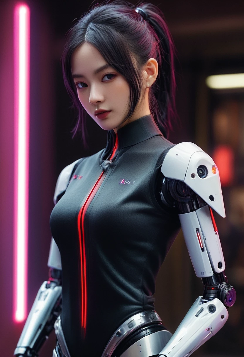 xxmixgirl. Highly detailed professional 35mm film, bokeh, face in sharp focus. A robotic female, Miku, with ((metal skin)), ((perfect Asian eyes)) with magenta irises and ((black pupils)), beautiful serious (detailed face), 18 year old ((photorealistic face)), very long magenta twin tails of magenta hair, twin black hair ties with a single red stripe. She may have a black audio headpiece. We can see her ((full body)) down to her boot soles. Her outfit is a sleeveless collared light grey shirt, outlined in red around the frilled collar and hems. Shiny reflective ((metallic breast cups, dimpleless)), invisible nipples. She wears black sleeves with red hems that start around her upper arm and bellow out as the sleeves open and extend to her wrists, with wide trumpet red rimmed cuffs. She has perfect robotic (detailed hands). She wears a red colored tie with two horizontal solid parallel black lines halfway across. She wears a fabric black skirt with a horizontal red hem at the bottom all the way around; her (((black skirt wraps around her))) and ((her skirt completely covers)) her robotic waist and thighs. Tall black boots with red bottom soles, a red rim around the top at her thighs. Her mechanical shoulder joints are visible. We can see her robotic legs and robotic neck. Half of her is covered with shiny polished machinery. The background is a distant dark neon futuristic Japanese city, gold, cyan, violet neon, near harbor or mountains.
