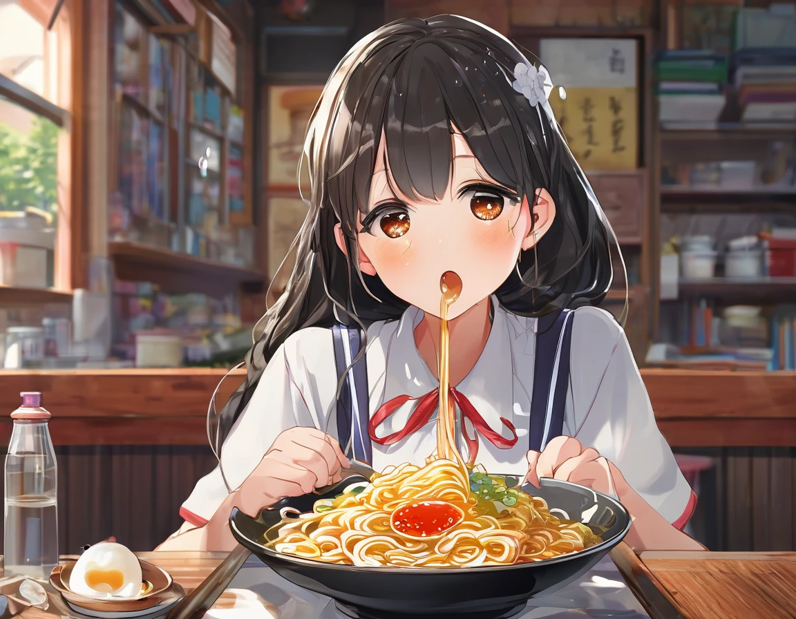 BREAK Perfect ???????、(High resolution:1.2)、Incredible illustrations、(Cute illustrations:1.2)、（Beautiful background） (a girl,  1.5meters, 40kg),,17-year-old,flat chest）(despair,tears:2.0)(school uniform,skirt）　(blowing ramen out of her mouth)Female student eating super spicy ramen