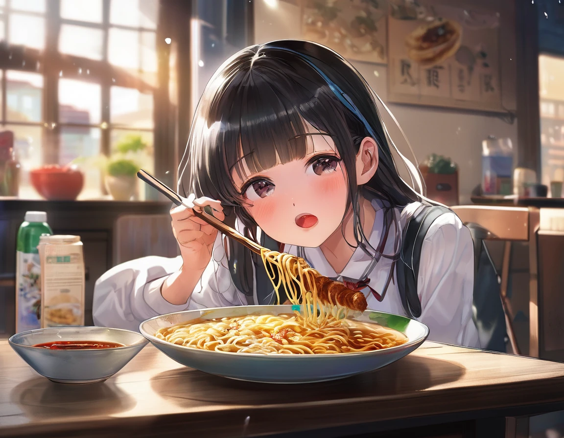 BREAK Perfect Anatomy、(High resolution:1.2)、Incredible illustrations、(Cute illustrations:1.2)、(Beautiful background) (a girl, 1.5meters, 40kg),,17-year-old,flat chest)(despair,tears:2.0)(school uniform,skirt) (blowing ramen out of her mouth)Female student eating super spicy ramen