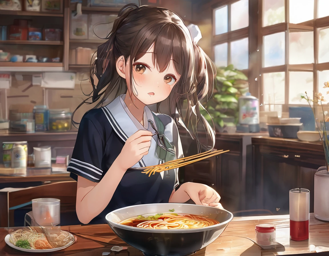 BREAK Perfect Anatomy、(High resolution:1.2)、Incredible illustrations、(Cute illustrations:1.2)、（Beautiful background） (a girl,  1.5meters, 40kg),,-yeld,flchest）(despair,tears:2.0)(school uniform,skirt）　(blowing ramen out of her mouth)Female student eating super spicy ramen