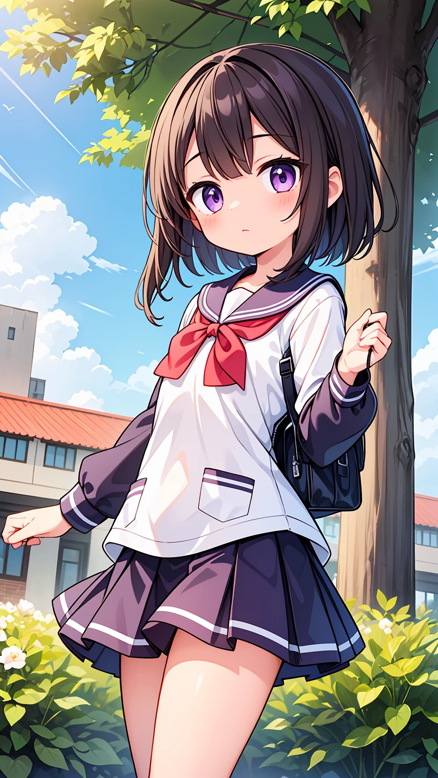 (High quality), (masterpiece), (very detailed), girl, (very small bust), short brown hair, purple eyes, shy face, (primary school loli), showing her thighs, on the school yard, sunny, camera angle from below, adorable eyes, (primar school uniform)
