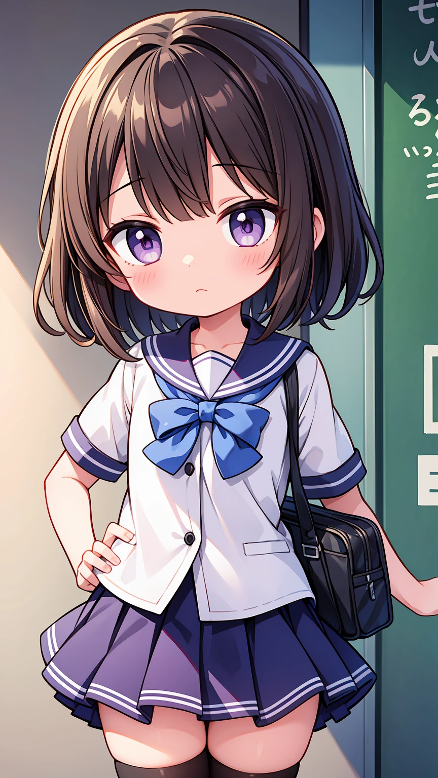 (High quality), (masterpiece), (very detailed), girl, (very small bust), short brown hair, purple eyes, shy face, (primary school loli), showing her thighs, on the school yard, sunny, camera angle from below, adorable eyes, (primar school uniform)