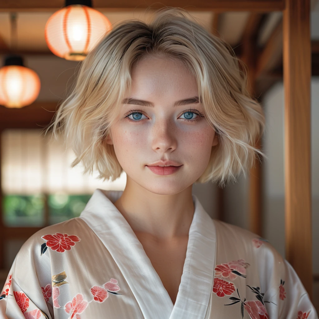 1girl in, age22, Solo, short blond hair, looking at the camera, o-face, translucent white fairly skin, short blond straight hair, full body, (extremely detailed 8k wallpaper), soft lighting, high quality, film grain, Fujifilm XT3 sharp focus, f 5.6, 50mm, High Detail, Sharp focus, (natural light), (seductive), realistic, ((Detail eye)), ((Eye: 1.2), ((Kimono)), (breast: 1.2), ((Full body))