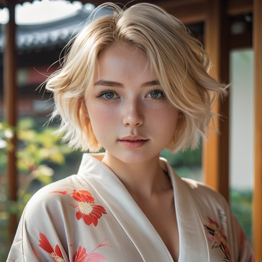 1girl in, 2, Solo, short blond hair, looking at the camera, o-face, translucent white fairly skin, short blond straight hair, full body, (extremely detailed 8k wallpaper), soft lighting, high quality, film grain, Fujifilm XT3 sharp focus, f 5.6, 50mm, High Detail, Sharp focus, (natural light), (seductive), realistic, ((Detail eye)), ((Eye: 1.2), ((Kimono)), (breast: 1.2), ((Full body))