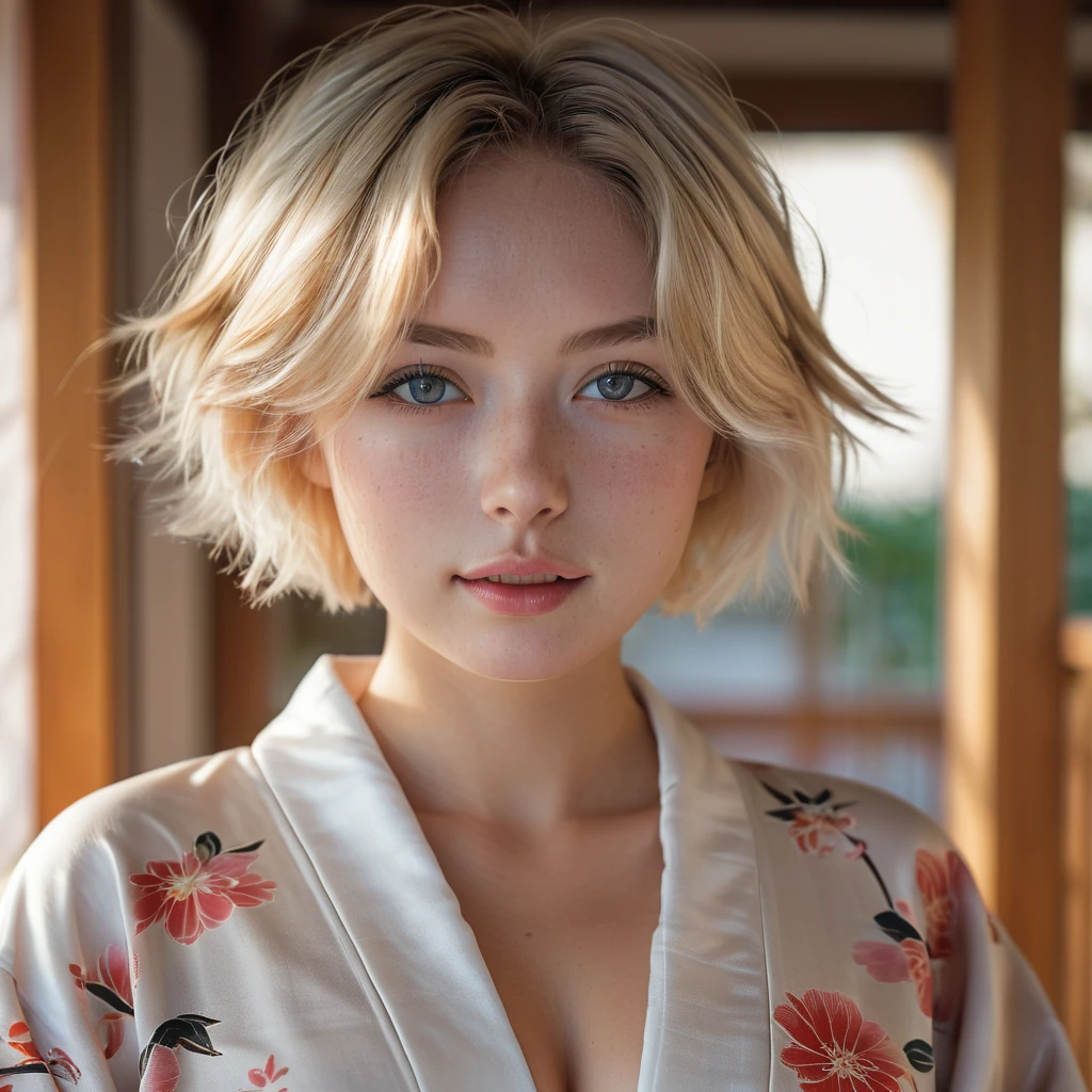 1girl in, 22, Solo, short blond hair, looking at the camera, o-face, translucent white fairly skin, short blond straight hair, full body, (extremely detailed 8k wallpaper), soft lighting, high quality, film grain, Fujifilm XT3 sharp focus, f 5.6, 50mm, High Detail, Sharp focus, (natural light), (seductive), realistic, ((Detail eye)), ((Eye: 1.2), ((Kimono)), (breast: 1.2), ((Full body))