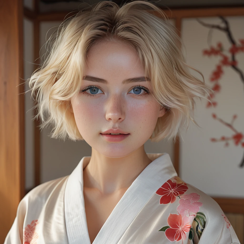 1girl in, age22, Solo, short blond hair, looking at the camera, o-face, translucent white fairly skin, short blond straight hair, full body, (extremely detailed 8k wallpaper), soft lighting, high quality, film grain, Fujifilm XT3 sharp focus, f 5.6, 50mm, High Detail, Sharp focus, (natural light), (seductive), realistic, ((Detail eye)), ((Eye: 1.2), ((Kimono)), (breast: 1.2), ((Full body))