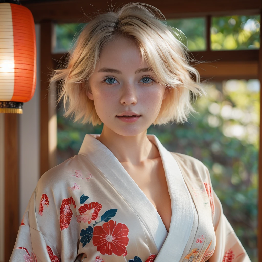 1girl in, age22, Solo, short blond hair, looking at the camera, o-face, translucent white fairly skin, short blond straight hair, full body, (extremely detailed 8k wallpaper), soft lighting, high quality, film grain, Fujifilm XT3 sharp focus, f 5.6, 50mm, High Detail, Sharp focus, (natural light), (seductive), realistic, ((Detail eye)), ((Eye: 1.2), ((Kimono)), (breast: 1.2), ((Full body))