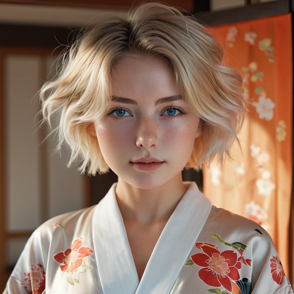 1girl in, age22, Solo, short blond hair, looking at the camera, o-face, translucent white fairly skin, short blond straight hair, full body, (extremely detailed 8k wallpaper), soft lighting, high quality, film grain, Fujifilm XT3 sharp focus, f 5.6, 50mm, High Detail, Sharp focus, (natural light), (seductive), realistic, ((Detail eye)), ((Eye: 1.2), ((Kimono)), (breast: 1.2), ((Full body))