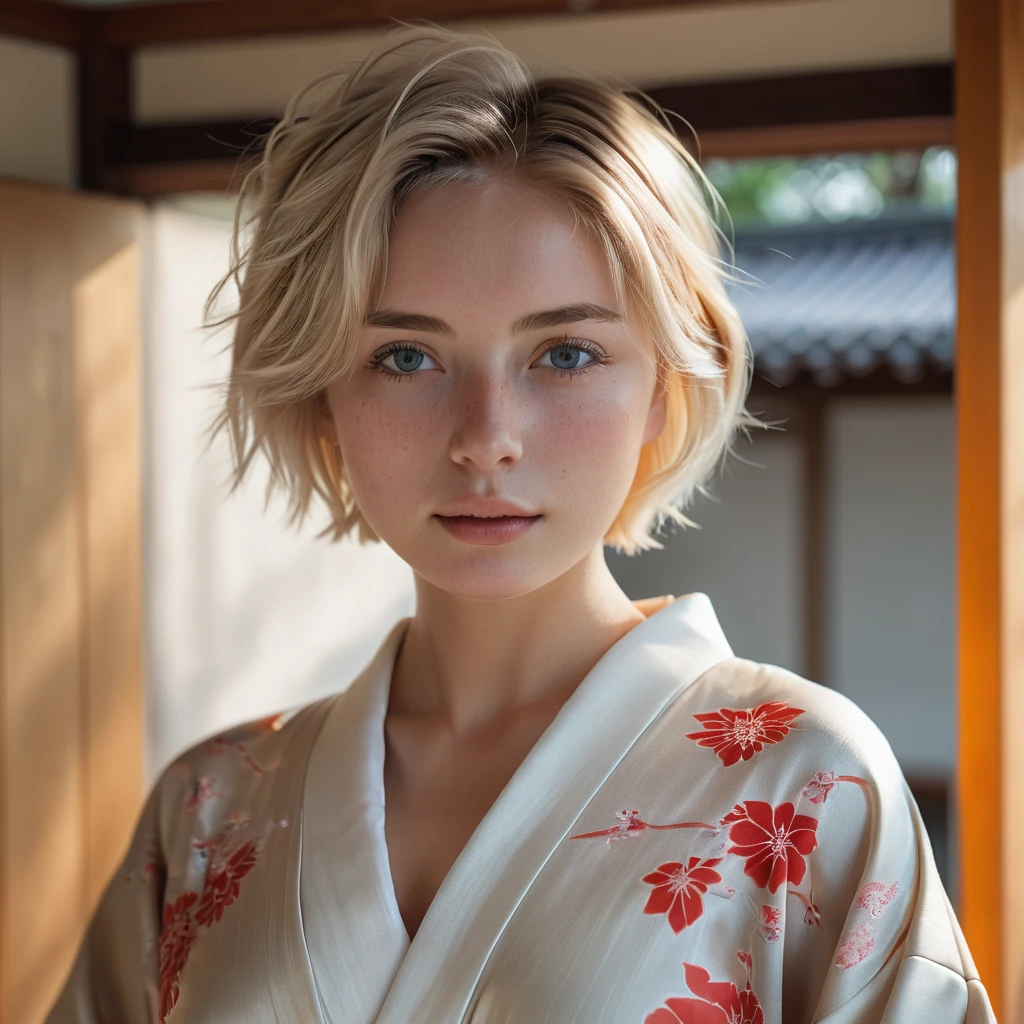 1girl in, age22, Solo, short blond hair, looking at the camera, o-face, translucent white fairly skin, short blond straight hair, full body, (extremely detailed 8k wallpaper), soft lighting, high quality, film grain, Fujifilm XT3 sharp focus, f 5.6, 50mm, High Detail, Sharp focus, (natural light), (seductive), realistic, ((Detail eye)), ((Eye: 1.2), ((Kimono)), (breast: 1.2), ((Full body))