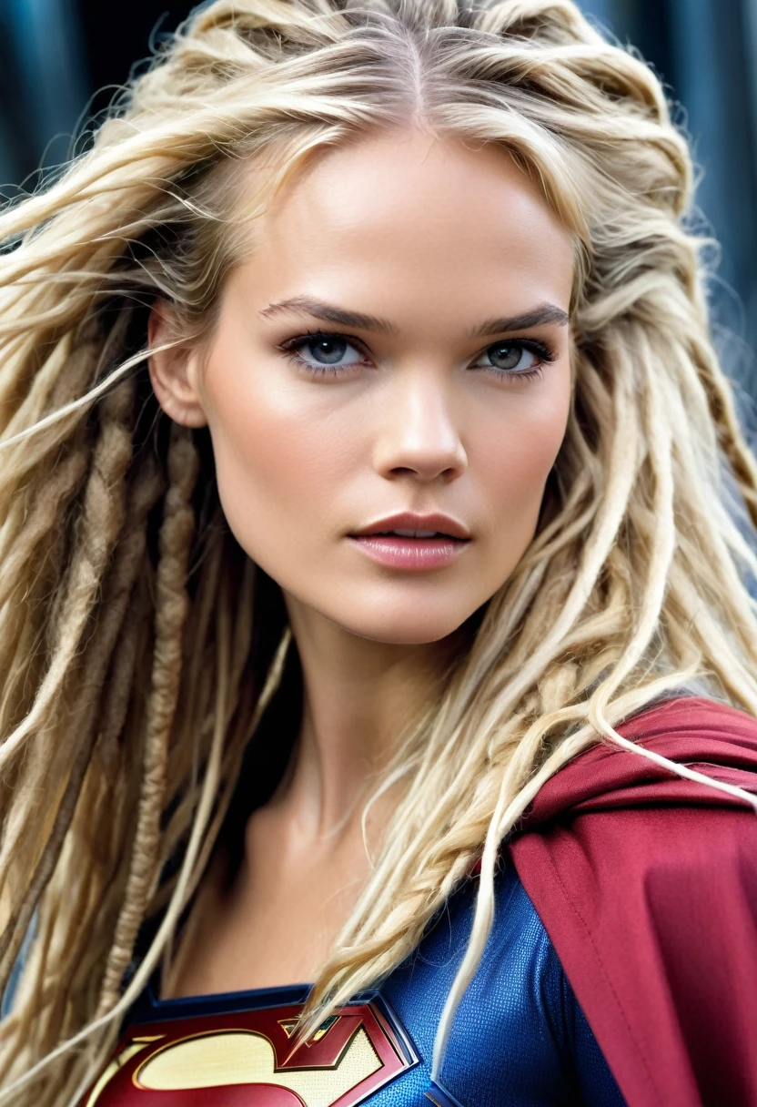 (((In extreme close-up, a mature-faced woman Katheryn Winnick under the mantle of the Kryptonian Kara Zor-The alias Supergirl (((Dreadlocks cabello Rubio largo))), Splash color images))),(((blond hair))),(((Abundant hair)))