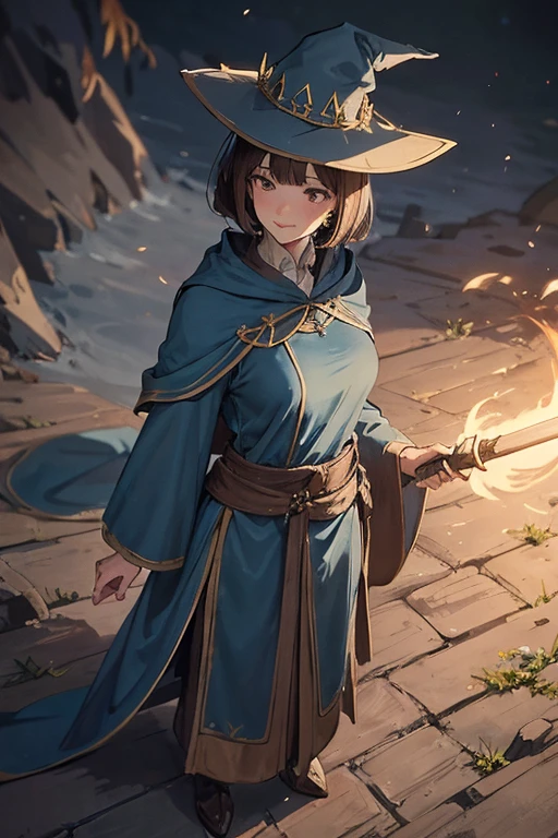 A bobcut brunette adult female wizard standing on the ground, wearing long loosely draped blue robe and an oversized wizard's hat, medieval, brown hair, large long shaped tits, silly personalty, cute happy demeanor, sunny disposition, deredere,