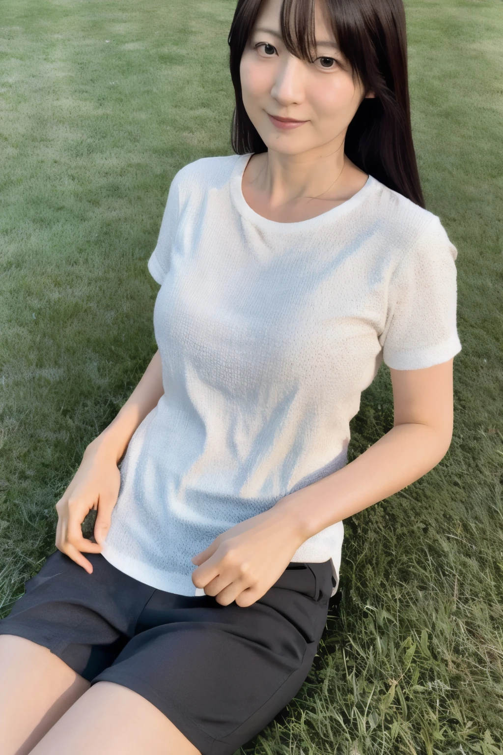 (High reality photograph, high resolusion, detailed face, detailed eyes), Japanese lady, 40 years old, various face expression, solo:1, skinny figure, small breasts, emphasizing very thin waist, various hair style, Shirt, tight skirt, sitting on the grass in a park, full-body photo, alone in a photo