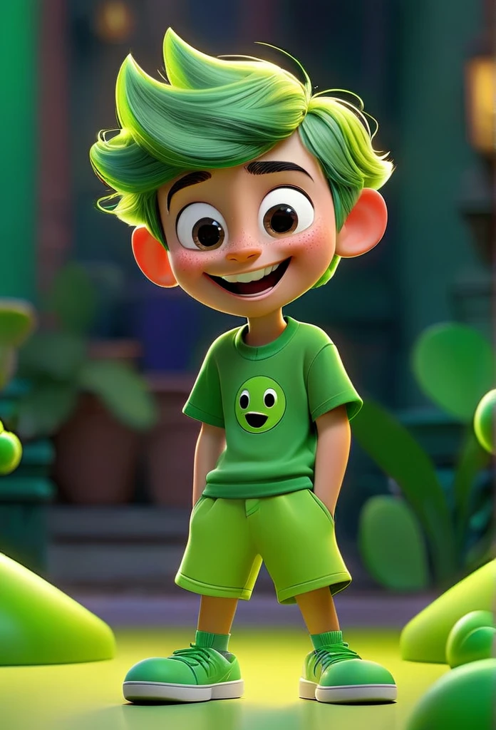 Funnily film character, disney pixar style , 3d, a happy green boy playing representing emotion fun, with short neon green hair, wearing light green fun t-shirt and dark green shorts, greeneyes, smilling face, green skin color , vibrant and colorful background 8k quality Creation