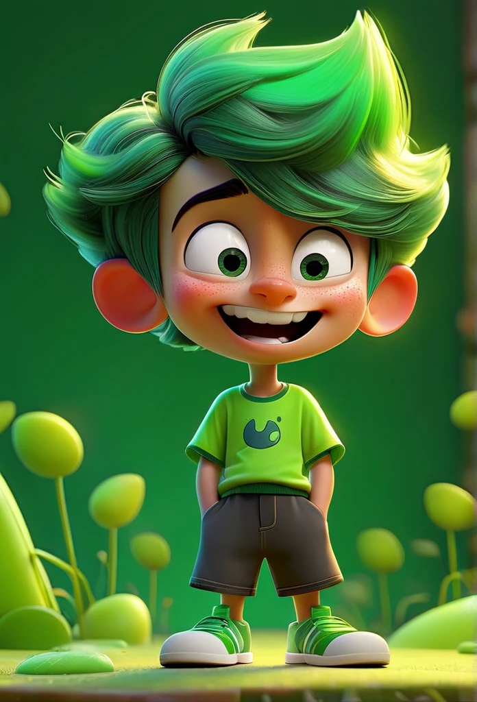 Funnily film character, disney pixar style , 3d, a happy green boy playing representing emotion fun, with short neon green hair, wearing light green fun t-shirt and dark green shorts, greeneyes, smilling face, green skin color , vibrant and colorful background 8k quality Creation
