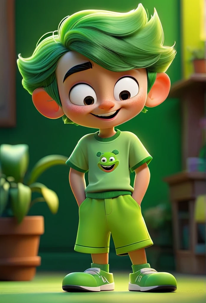 Funnily film character, disney pixar style , 3d, a happy green boy playing representing emotion fun, with short neon green hair, wearing light green fun t-shirt and dark green shorts, greeneyes, smilling face, green skin color , vibrant and colorful background 8k quality Creation