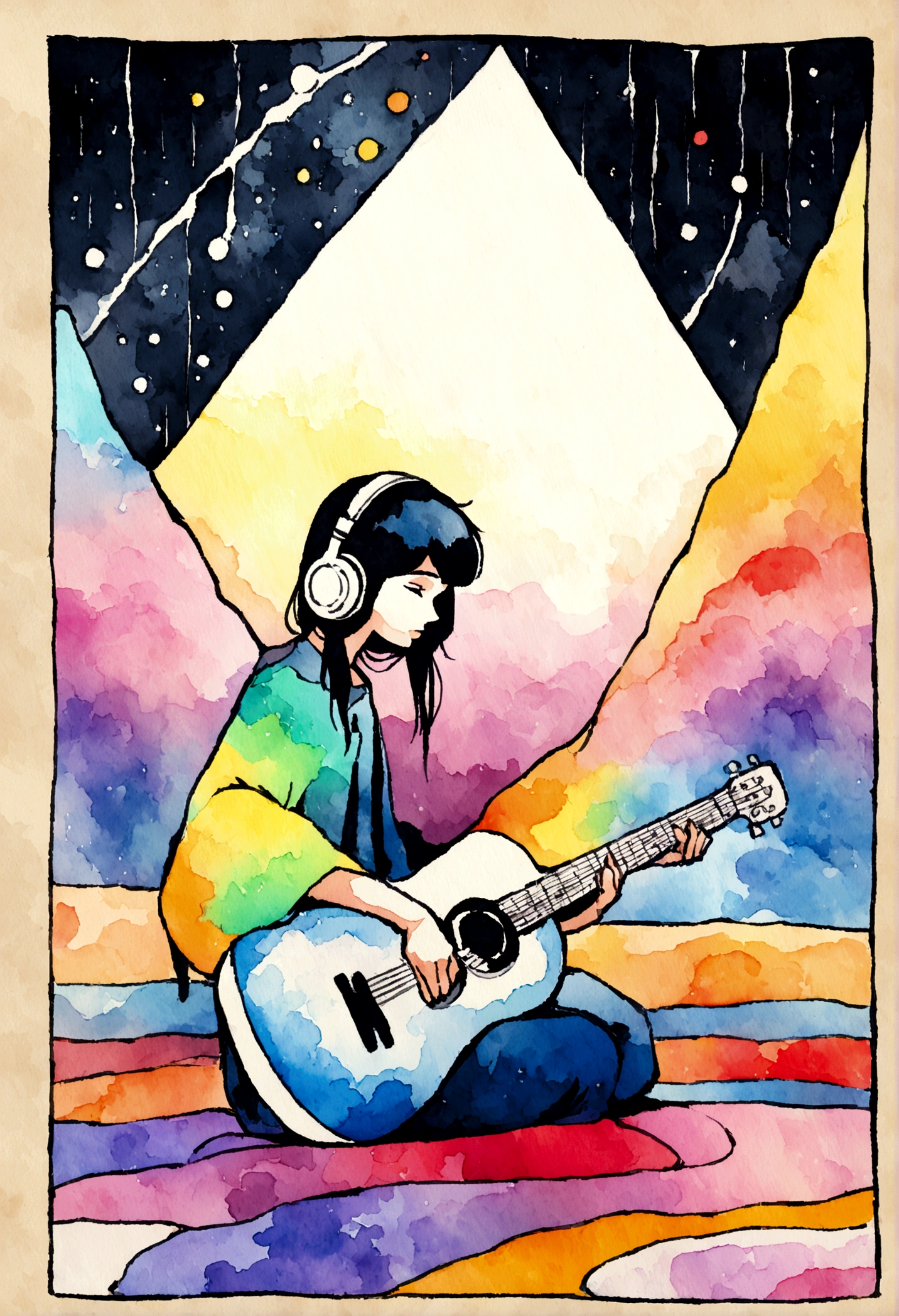 European hippie man meditating in room, dream on, Put on your headphones, nightlight,Play guitar, Neon landscape on a rainy day, Simulates a color theme, Lo-fi hip-hop , retrospective, Flat, 2.5 days ,Draw a line, Large slope, Watercolor painting, Gus color, In Studio Ghibli style, brilliant colorful, Outer tons, Krautrock, lofi art, 70s style,Old textures, amplitude,Psychedelic atmosphere, tmasterpiece, Technically sophisticated,