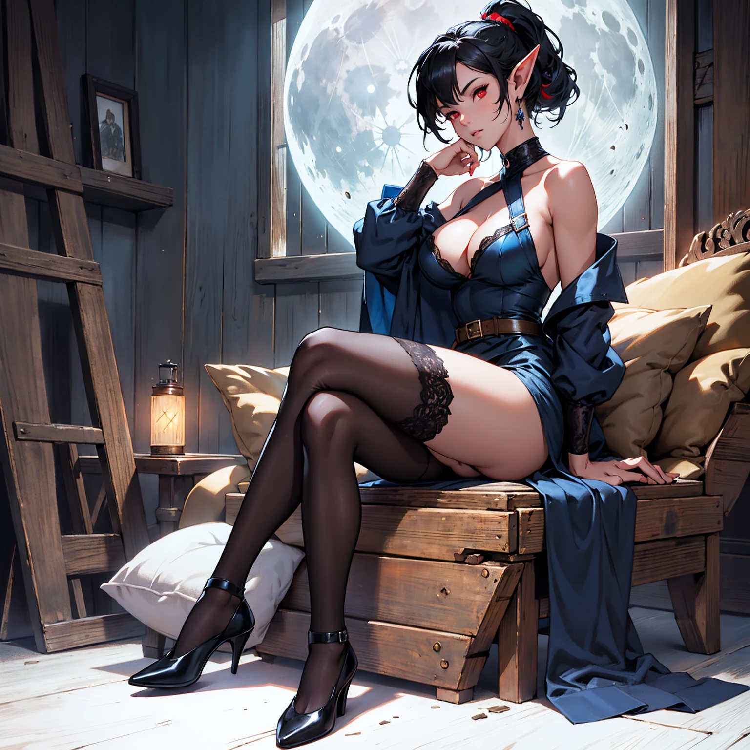 1girl, elf, short ponytail hair, black hair, big breasts, long pointed ears, red eyes ((blue skin)) sexy little dress, deep neckline, full body, night, Sitting in an old wooden house, moon in windows, dark forest, very sexy body, detailed clothing, detailed face, highly detailed, 8k, best quality, masterpiece, vibrant colors, digital art, concept art