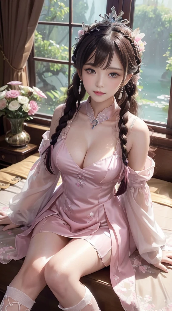 (masterpiece, best quality: 1.4), Detailed background, crystal, crystal Cluster, Long hair, Jewelry, earrings, necklace, crown, bride, hair, Halo, (Overlooking), Dynamic Angle, Extremely detailed, illustration, close up, Direct observation, 1 Girl, (fantasy: 1.4), (Delicate eyes: 1.233), Her eyes shone like dreamy stars, (Glowing eyes: 1.233), (Beautiful and delicate eyes: 1.1), (Silver hair: 1.14), (Messy hair, Very Long hair, French Braid, 两眼之间的hair, Lateral hair), (Flowering: 1.14)), (Chiffon Dress, Evenly spaced pink floral pattern)/= (military uniform: 1.24), (Slit sleeves, Wide sleeves), (Fingerless gloves), Necklace, (miko knee-high socks), high-heel boots, (Poker face, Residence), (permanent), (Classical princess boudoir with dressing table floor-to-ceiling windows quaint palace), (Pink flowers, bloom), (deep sea), (flowing water), (Dark pink world tree:1.14),(ruins),(night:1.2),Dreamy,soul,(Fluorescence),(Flying translucent pink butterfly:1.15),(yubao:0.5)