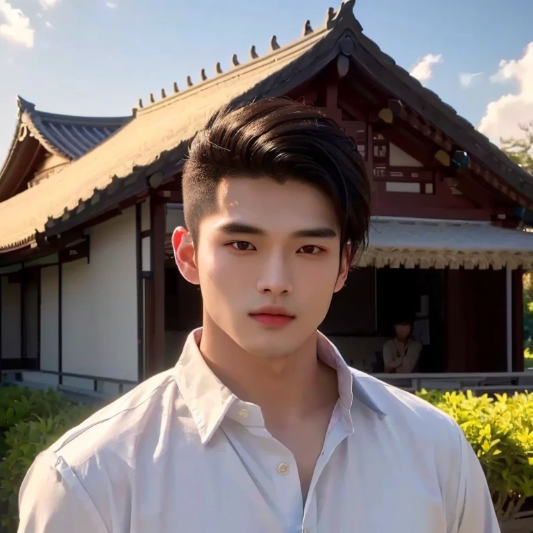 Aaraf wearing a white shirt and necklace stood in front of a bush., Haraf man looking at camera, perfect has a round face, A well-maintained model., Southeast Asian man with a round face, 3-D profile picture, 8K, 45,000,000 pixcls, realistic light colors, beautiful young asian man, charming anime,  Comfortable pose, Anime Asian man in real life, attractive handsome man, young Asian man, Russian mixed with Japanese, perfect body, Freestyle photo of a handsome young man, ผู้Asian manที่สวยงาม, The character is in her natural pose.,  Yanjun Chengt, Handsome Chad Chin, South Korean man, Ryan Jia, Inspiration from Yan Juncheng, Xindong Chen, Hess Jinyao, Asian man, Chai Sukun, 2 8 years, 2 7 years, Long Que Chen, Yi Hao Ren
