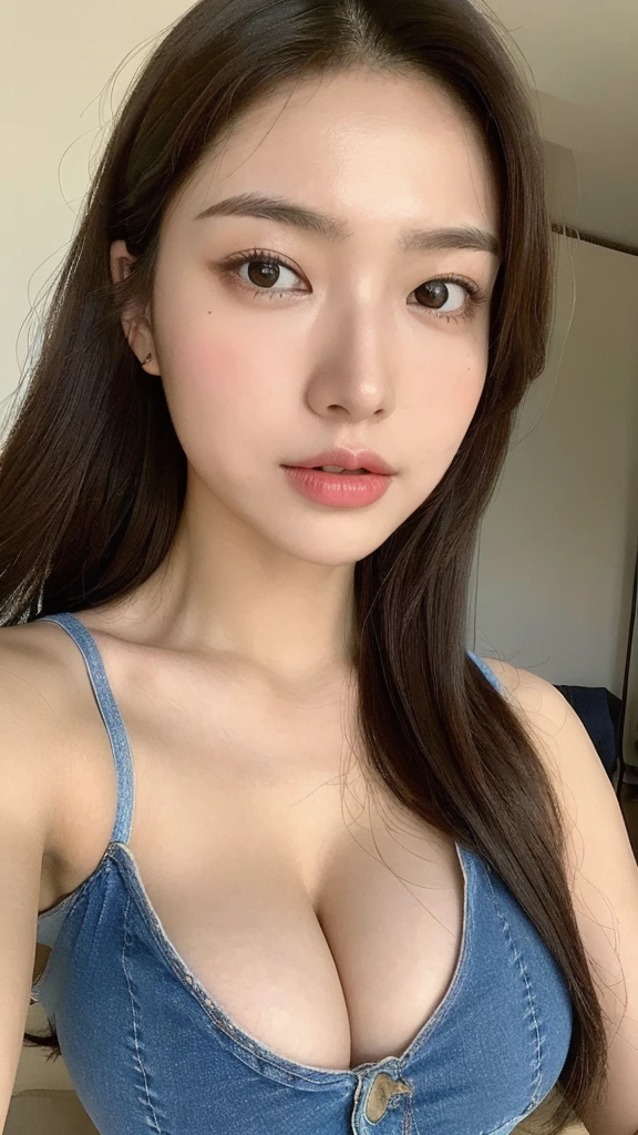 （lifelike， high - resolution：1.3）， 1 girl with a perfect body， Super fine face and eyes，slong hair， Tank top of random colors：1.2， short jeans， big boob，Expose cleavage